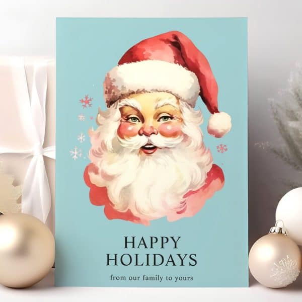 Vintage Style Illustration Of Santa Claus'S Face On A Light Blue Background With The Text Happy Holidays From Our Family To Yours.