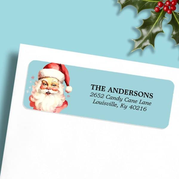 Light Blue Rectangular Return Address Label With A Vintage Illustration Of Santa Claus And The Address The Andersons, 2652 Candy Cane Lane, Louisville, Ky 40216.