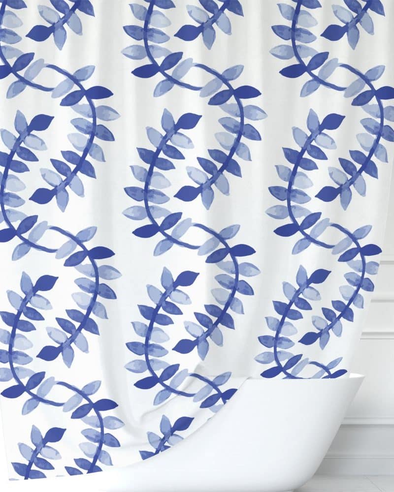 Blue watercolor leaf shower curtain.