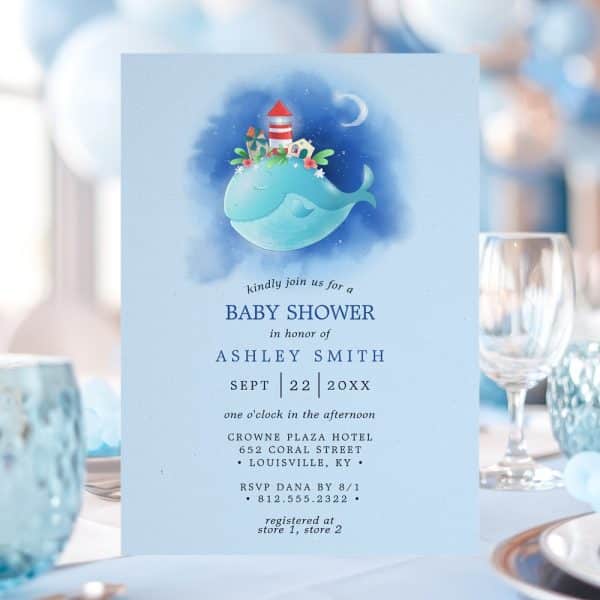 Baby Shower Invitation Featuring A Whale With A Lighthouse And Houses On Its Head.