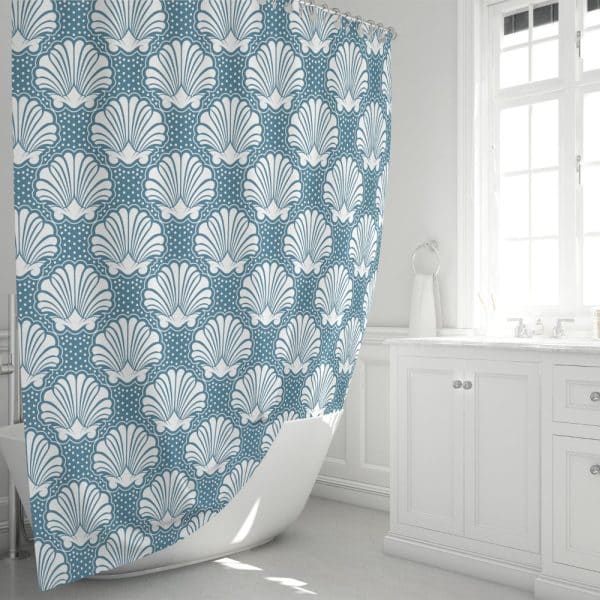 A Teal Shower Curtain With A White Seashell Pattern.