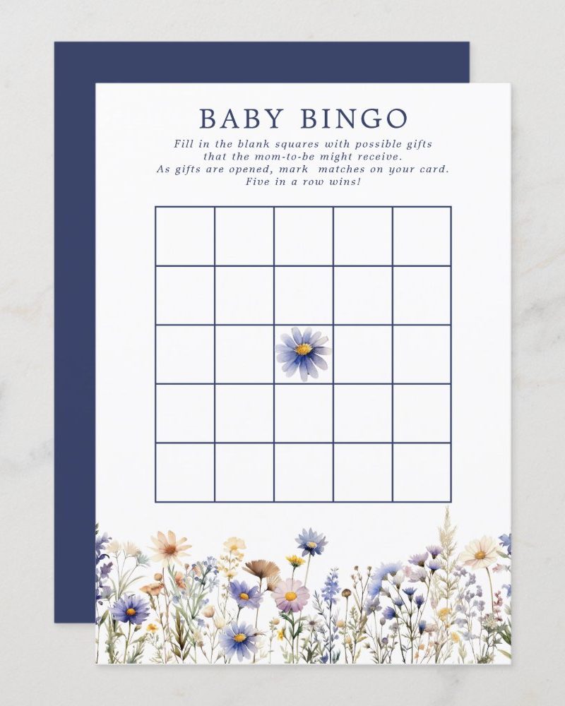 Blue Wildflower Boho Baby Shower Bingo Game Invitation