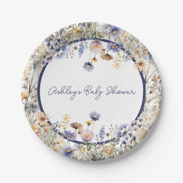 Round Paper Plate With A Navy Blue Circular Border Featuring Watercolor Wildflowers And The Text Ashley'S Baby Shower.