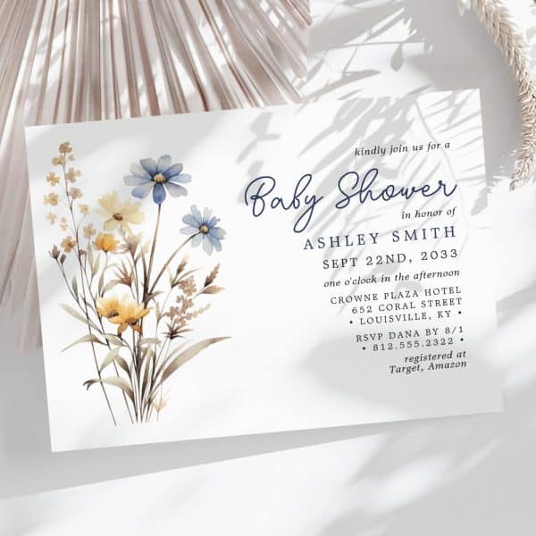 Baby Shower Invitation With Watercolor Floral Design In Blues And Yellows.