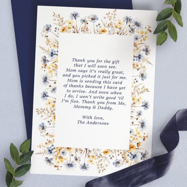Thank You Card With Blue And Yellow Wildflowers Border, A Child'S Thank You Note To The Gift Giver, And The Andersons' Signature.