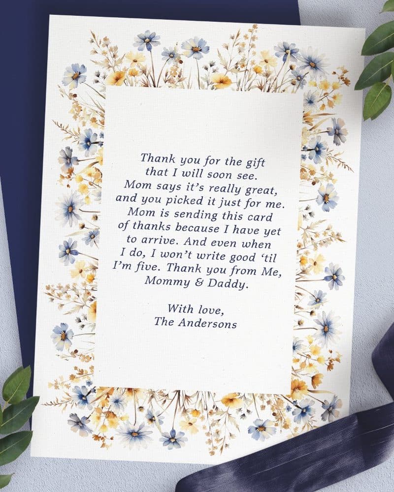 Thank you card with blue and yellow wildflowers border, a child's thank you note to the gift giver, and the Andersons' signature.