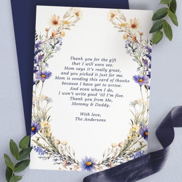 Thank You Card With Floral Border, A Child'S Message Expressing Thanks For A Gift.