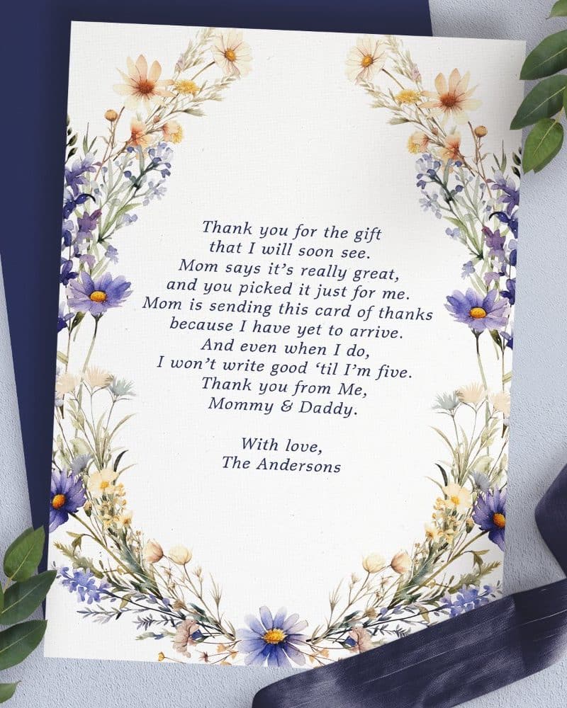 Thank you card with floral border, a child's message expressing thanks for a gift.
