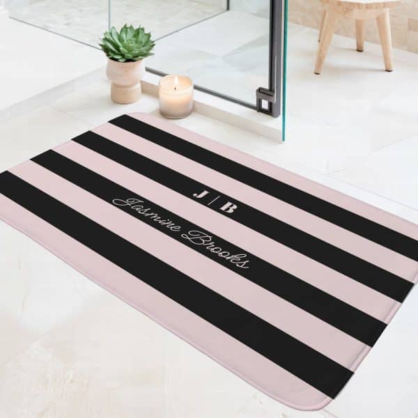 Pink And Black Striped Bath Mat With The Name Jasmine Brooks And Initials J B.