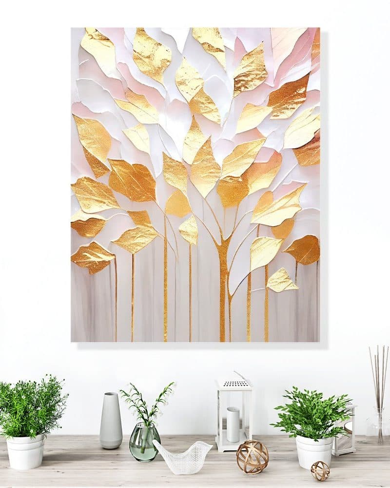 Abstract painting of a tree with gold and white leaves.