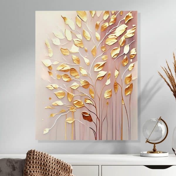 Abstract Painting Of A Tree With Gold Leaves On A Blush Pink Background.