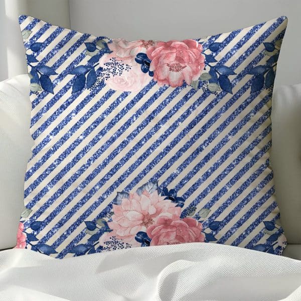 Blue Glitter Striped Pillow With Pink And Blush Floral Design.