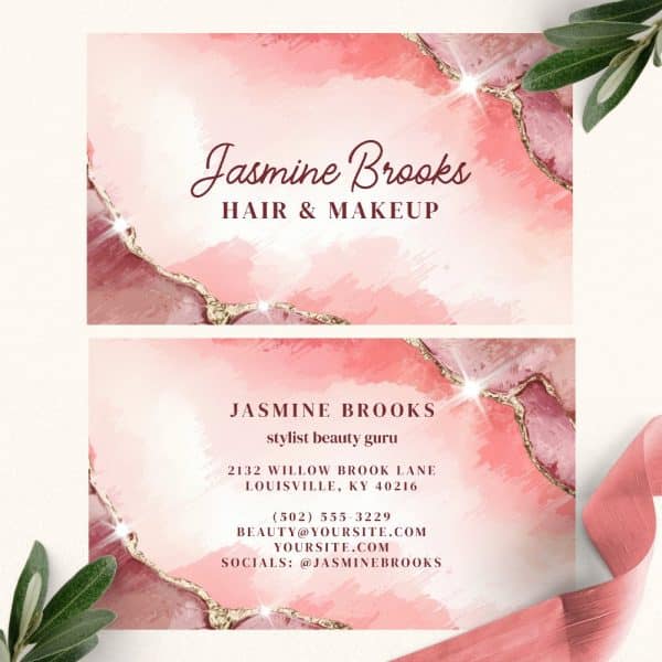 Two Pink Business Cards For Jasmine Brooks, Hair And Makeup Stylist. The Cards Feature A Pink And Gold Agate Design.