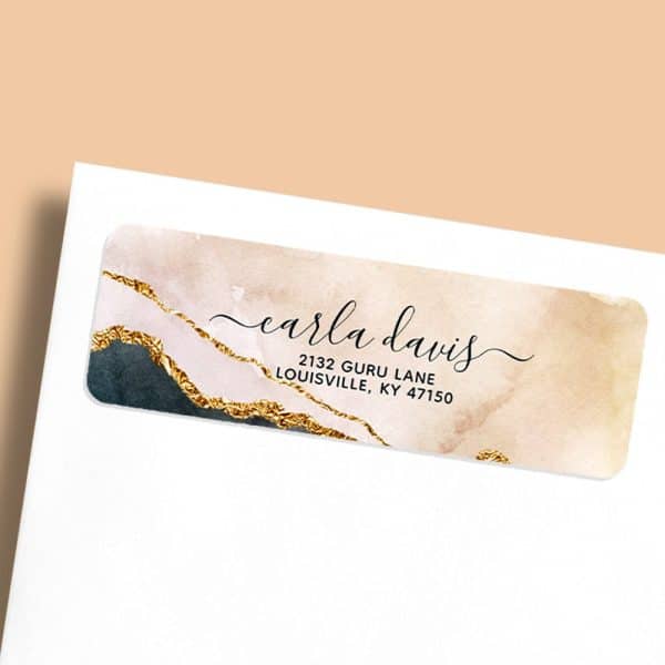 Return Address Label With Gold And Blush Watercolor Design, Featuring Carla Davis'S Name And Address.