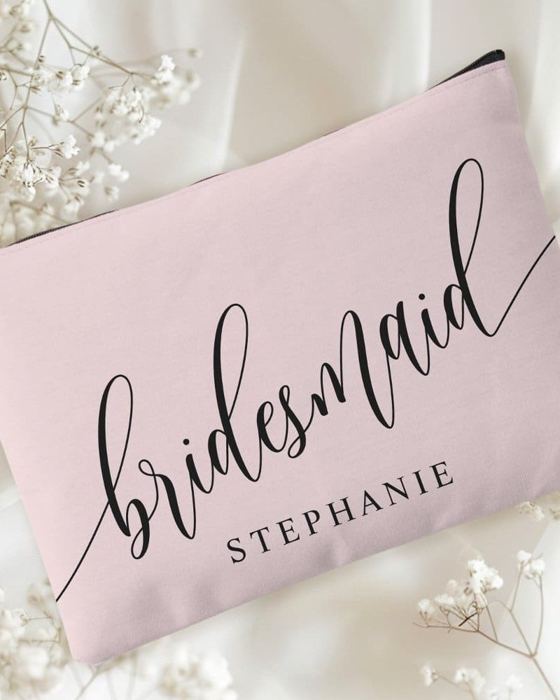 Pink bridesmaid makeup bag with the name Stephanie.