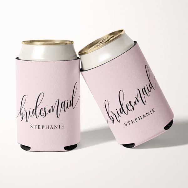 Two Pink Bridesmaid Can Coolers With The Name Stephanie.