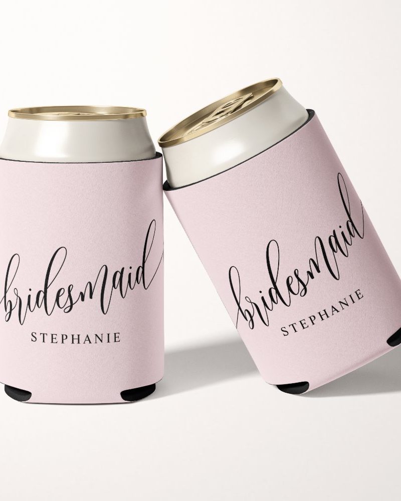 Two pink bridesmaid can coolers with the name Stephanie.