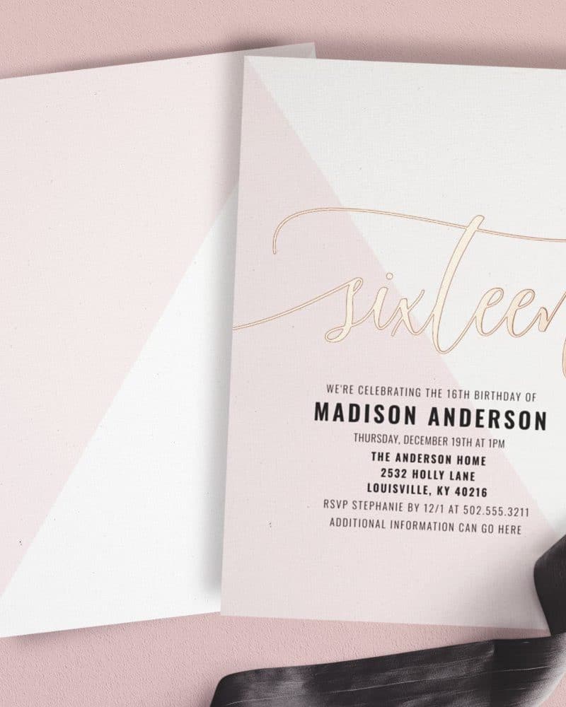 Pink and white invitation for Madison Anderson's sixteenth birthday party.