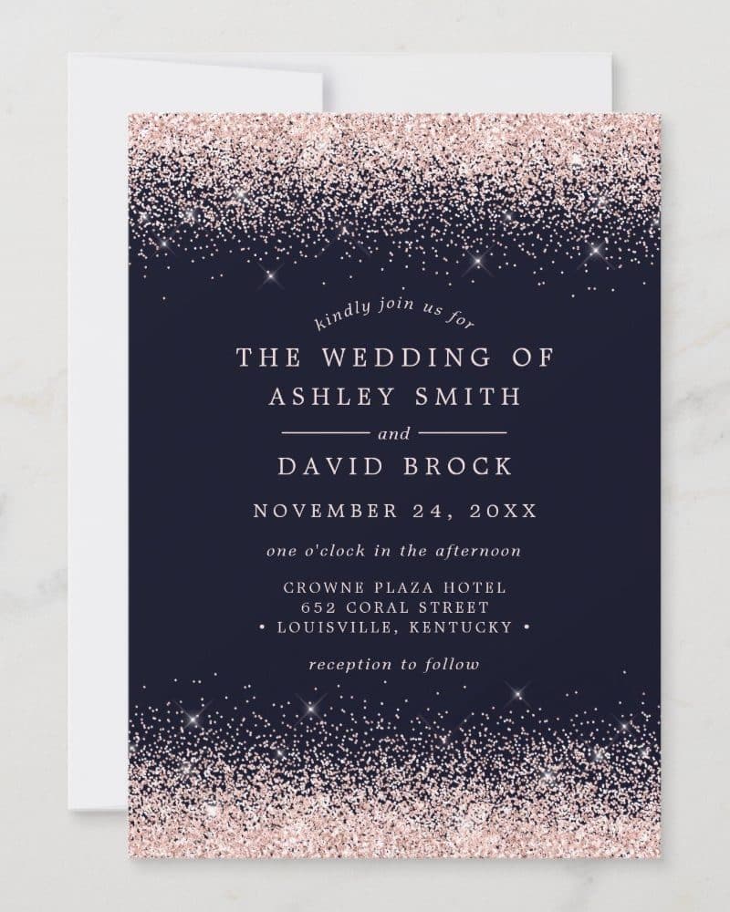 Wedding invitation for Ashley Smith and David Brock, featuring a navy blue background with rose gold glitter.