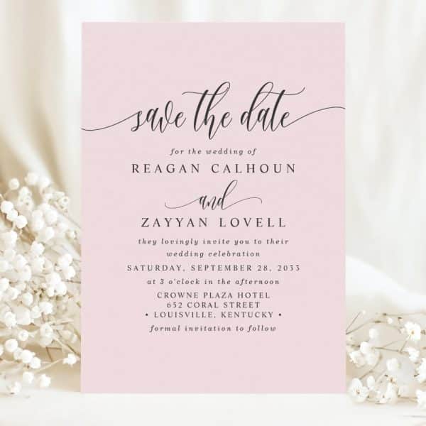 Pink Save The Date For The Wedding Of Reagan Calhoun And Zayyan Lovell.