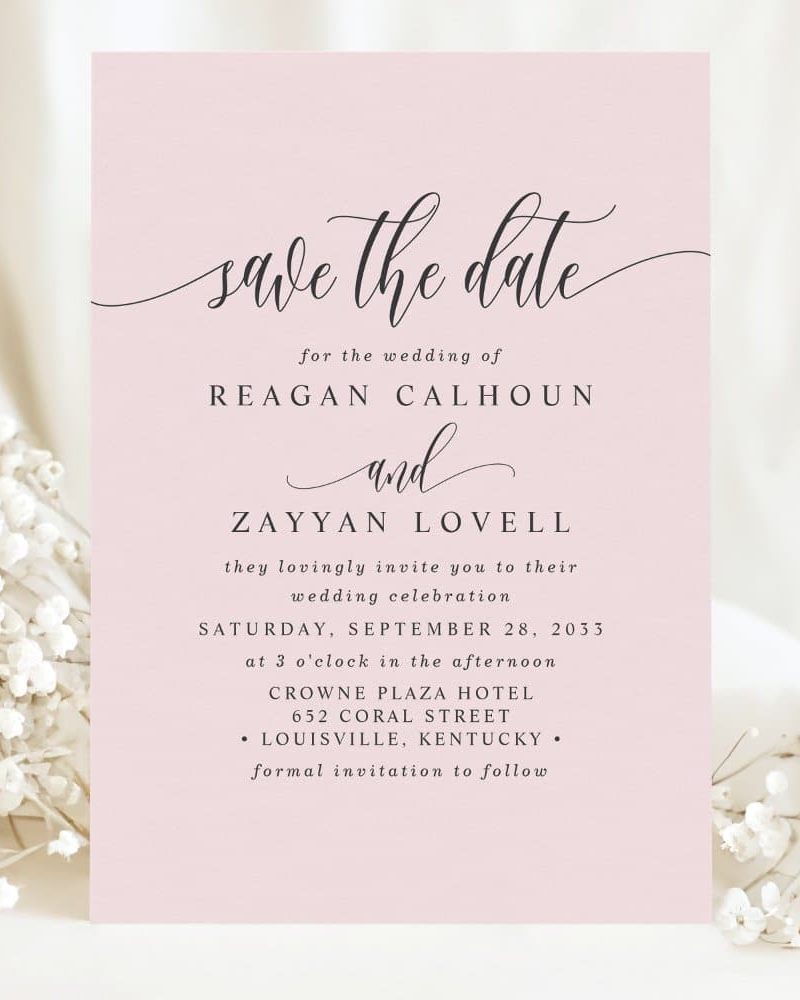 Pink save the date for the wedding of Reagan Calhoun and Zayyan Lovell.