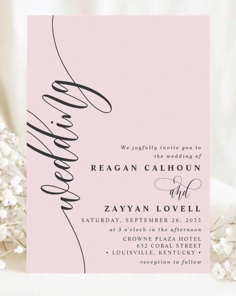 Pink wedding invitation for Reagan Calhoun and Zayyan Lovell.