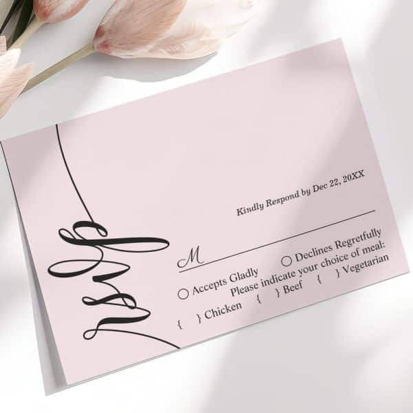 Pink Wedding Rsvp Card With Black Calligraphy And Meal Choices.