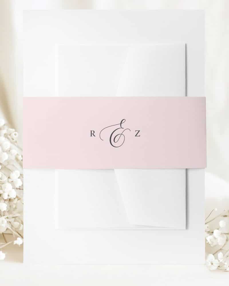 Wedding invitation with a pink band and a monogram.