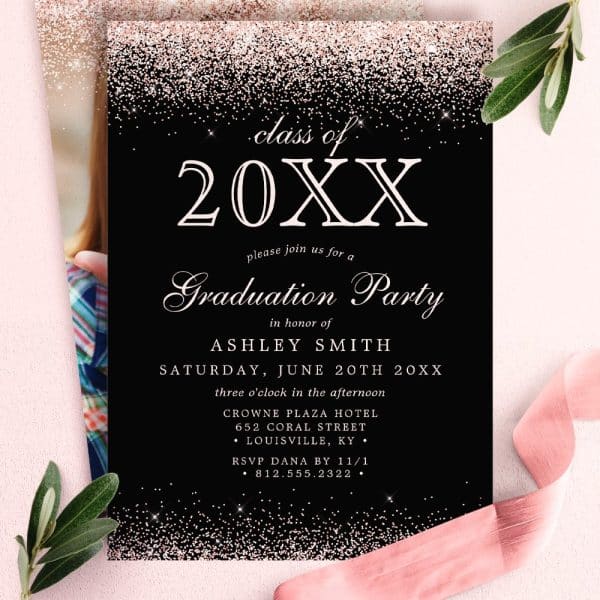 Black Graduation Party Invitation With Rose Gold Glitter Accents, Announcing Ashley Smith'S Graduation.