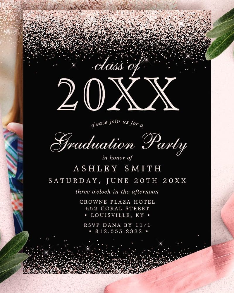 Black graduation party invitation with rose gold glitter accents, announcing Ashley Smith's graduation.