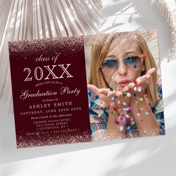 Graduation Party Invitation For Ashley Smith, Class Of 20Xx, Featuring A Photo Of Her Blowing Confetti.