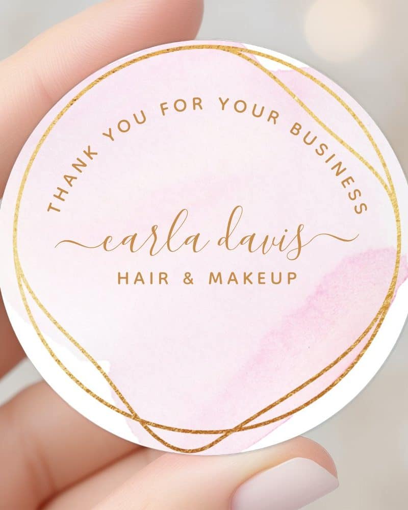 Pink and gold thank you business sticker for Carla Davis Hair & Makeup.