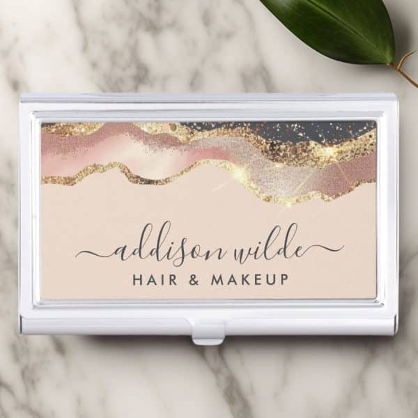 Silver Business Card Holder With A Blush Pink, Gold, And Black Glitter Design And The Name Addison Wilde, Hair &Amp; Makeup.