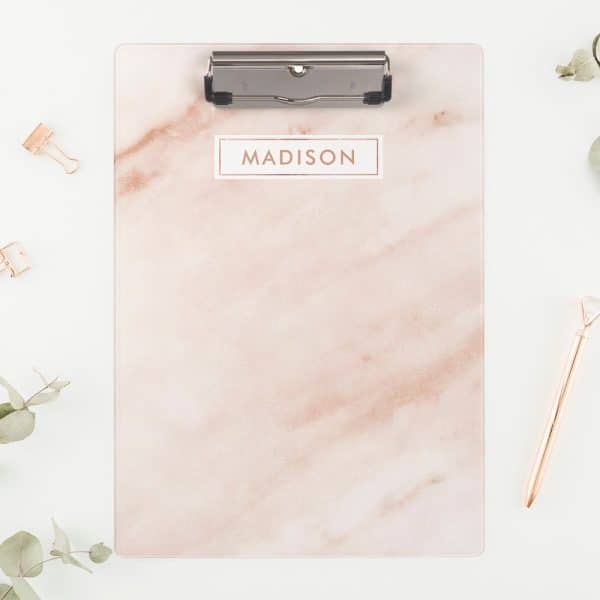 Rose Gold Clipboard With The Name Madison On It.