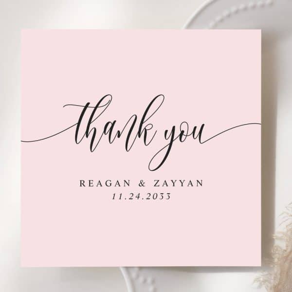 Pink Thank You Card With Elegant Script Lettering, Names Reagan &Amp; Zayyan, And Date November 24, 2033.