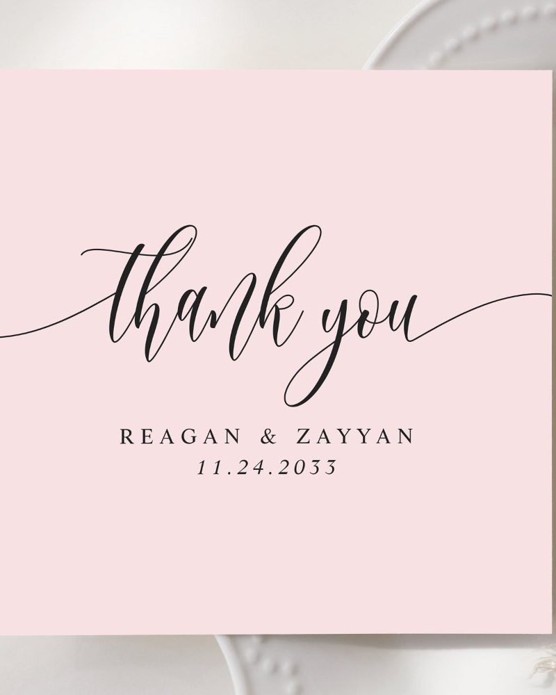 Pink thank you card with elegant script lettering, names Reagan & Zayyan, and date November 24, 2033.