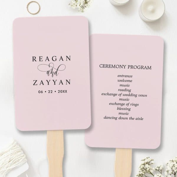 Pale Pink Wedding Ceremony Program Fans; One Features The Couple'S Names And Wedding Date, The Other Lists The Ceremony Events.