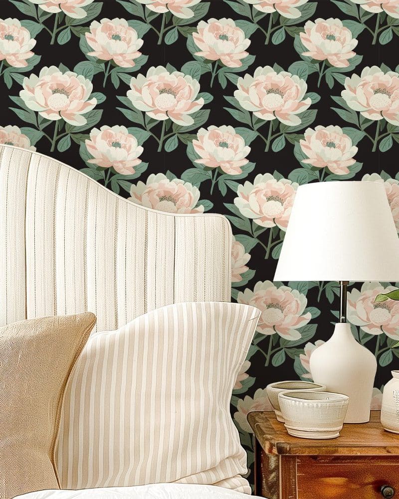 A beige striped headboard and pillows set against a dark floral wallpaper featuring blush pink peonies.