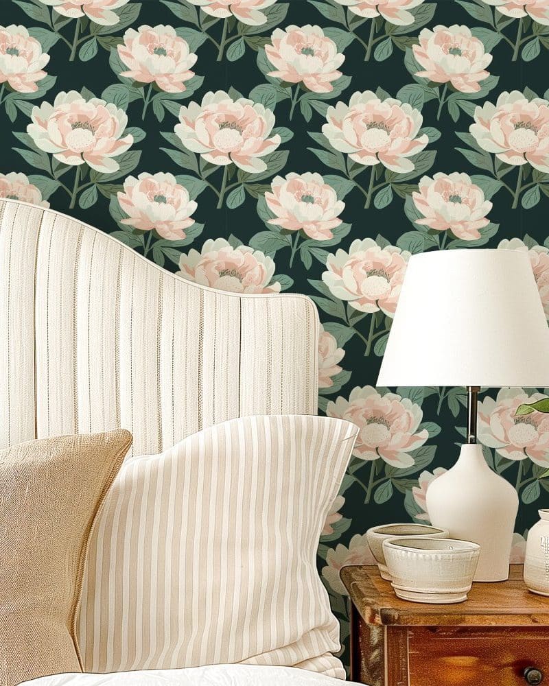 A beige striped headboard and pillows in front of a dark green wall with a repeating pattern of light pink peonies.