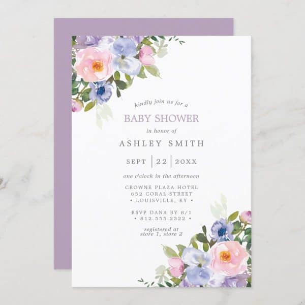 Baby Shower Invitation For Ashley Smith, Featuring A Watercolor Floral Design.