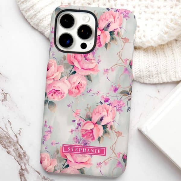 Phone Case With A Watercolor Floral Design Featuring Pink Roses And Purple Accents, Personalized With The Name Stephanie.