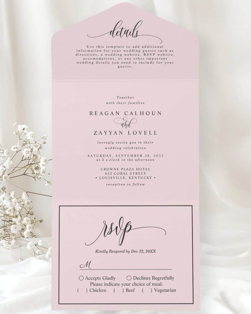 Wedding invitation for Reagan Calhoun and Zayyan Lovell, specifying date, time, and location. RSVP information is included.