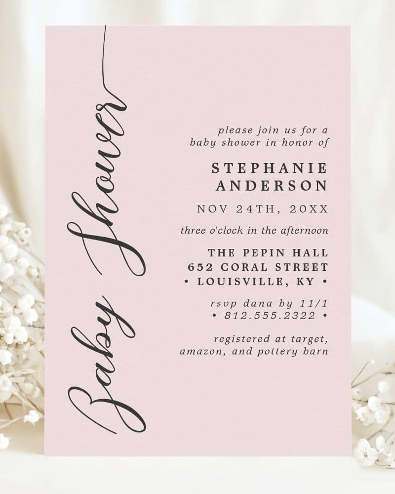 Pink baby shower invitation for Stephanie Anderson. The event is November 24th at The Pepin Hall in Louisville, KY.
