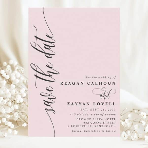 Pink Save-The-Date Announcement For The Wedding Of Reagan Calhoun And Zayyan Lovell.