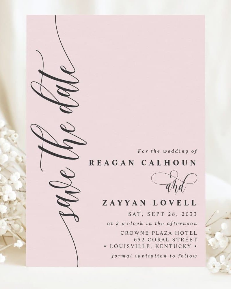 Pink save-the-date announcement for the wedding of Reagan Calhoun and Zayyan Lovell.