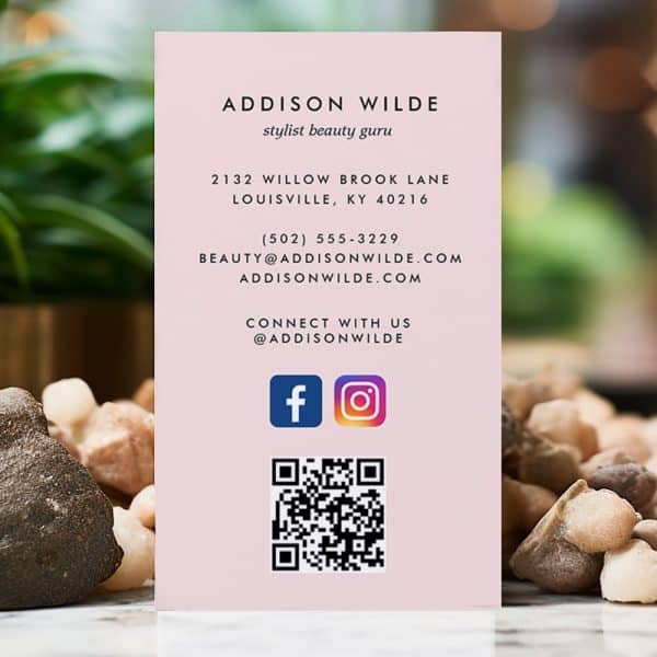 Pink Business Card For Addison Wilde, Stylist And Beauty Guru, Showing Contact Info, Social Media Icons, And Qr Code.