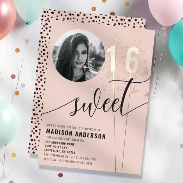 Sweet Sixteen Birthday Invitation Featuring A Photo Of The Birthday Girl And Rose Gold Sixteen Sparklers.