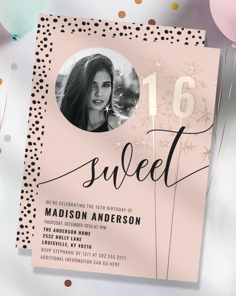 Sweet sixteen birthday invitation featuring a photo of the birthday girl and rose gold sixteen sparklers.