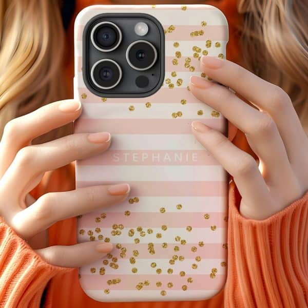 Pink And White Striped Phone Case With Gold Confetti And The Name Stephanie.