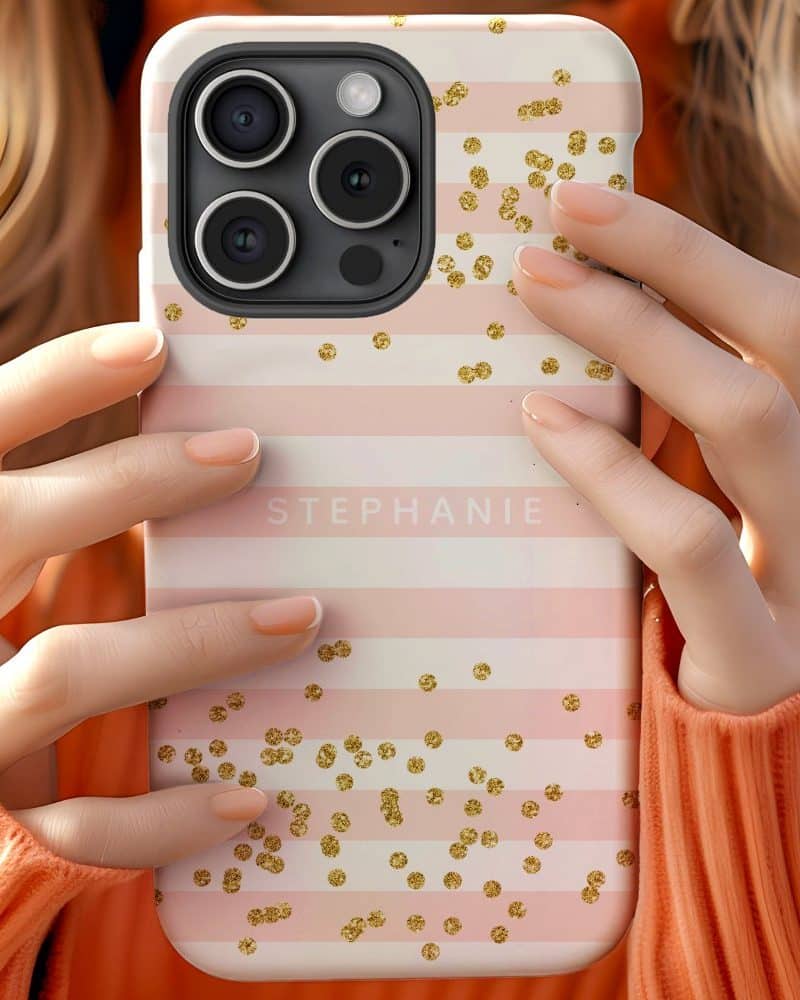 Pink and white striped phone case with gold confetti and the name Stephanie.